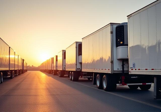 A line of modern Spartan Shield refrigerated trailers at dawn