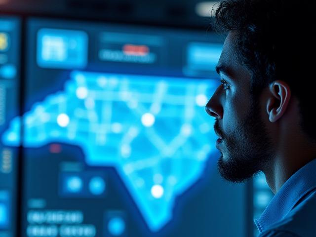 Logistics professional monitoring cargo fleet on digital displays