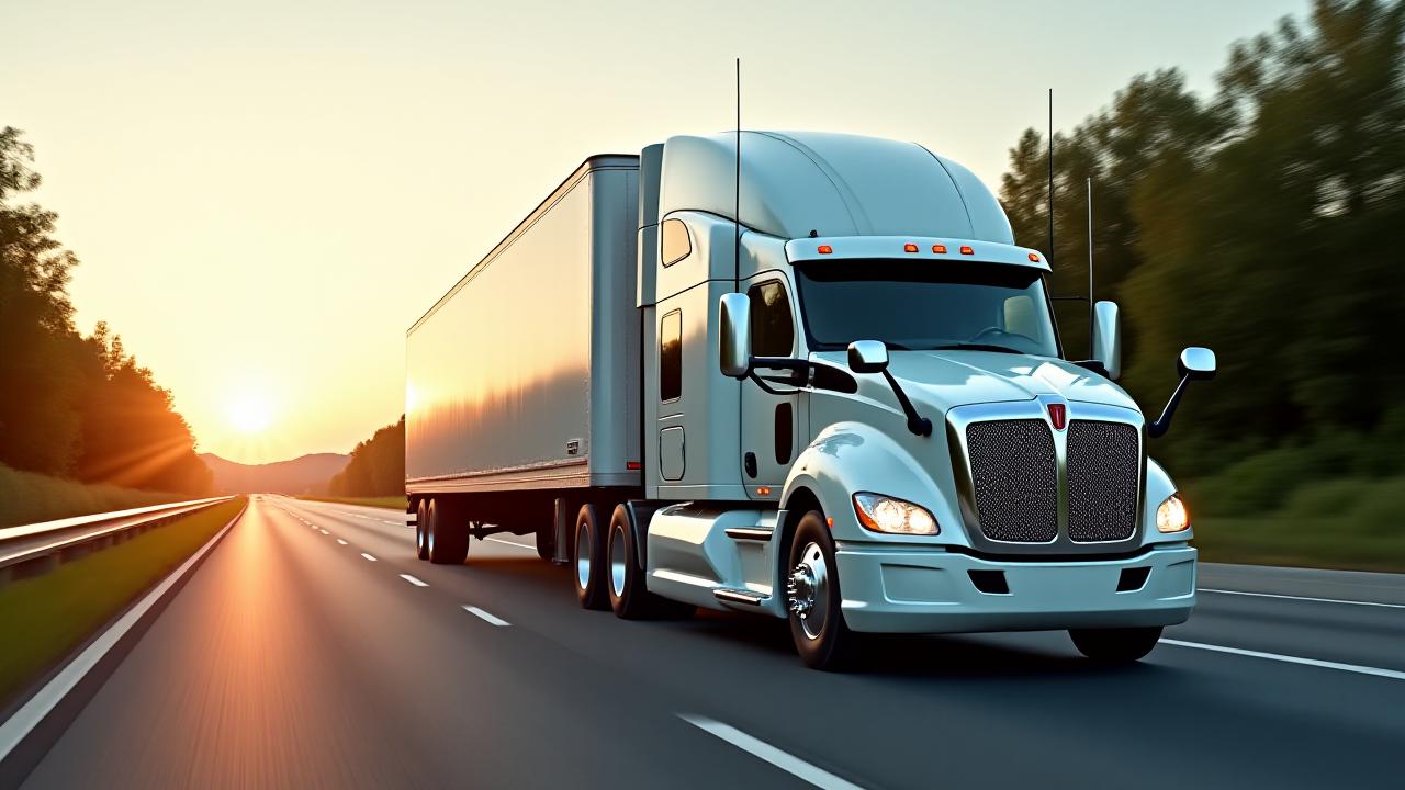 Spartan Shield transport truck driving on a scenic highway at dawn